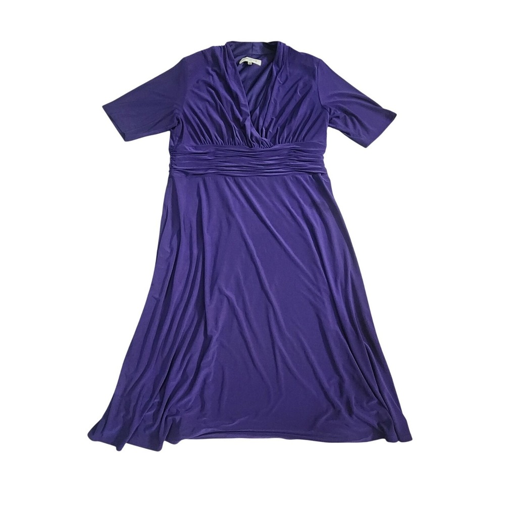 Evan Picone Purple V-Neck Midi Dress 16W Short Sleeve Ruched Waist Work Evening